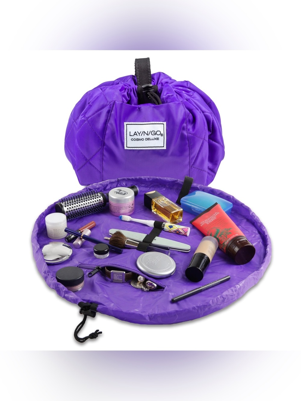 Lay-n-Go Cosmo Makeup bag in the Purple and White Damask print